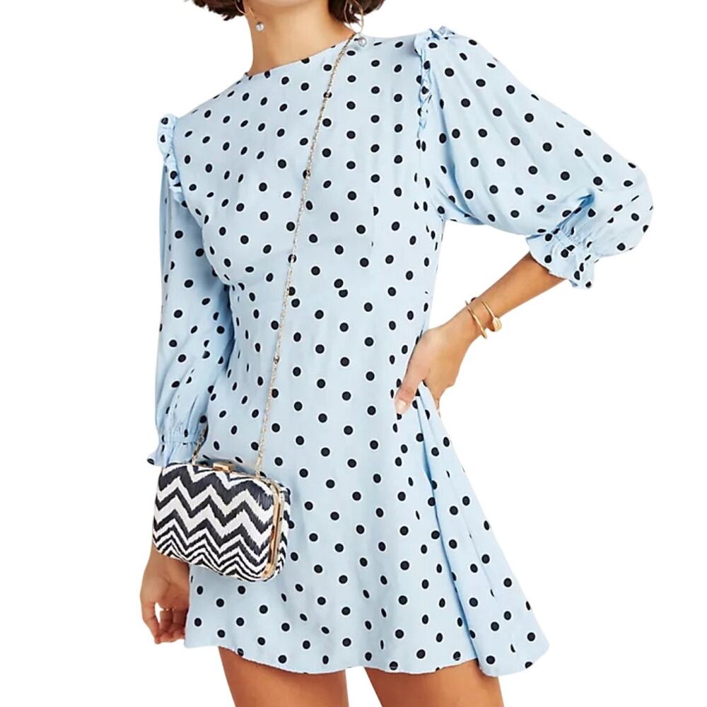 Faithfull the Brand Womens Size 10 Sky Blue Polka-dot Edwina Mini Dress